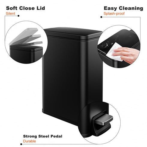 Veelesa Slim Bathroom Trash Can with Soft Close Lid, 1.6 Gallon Stainless Steel Garbage Can with Removable Inner Bucket